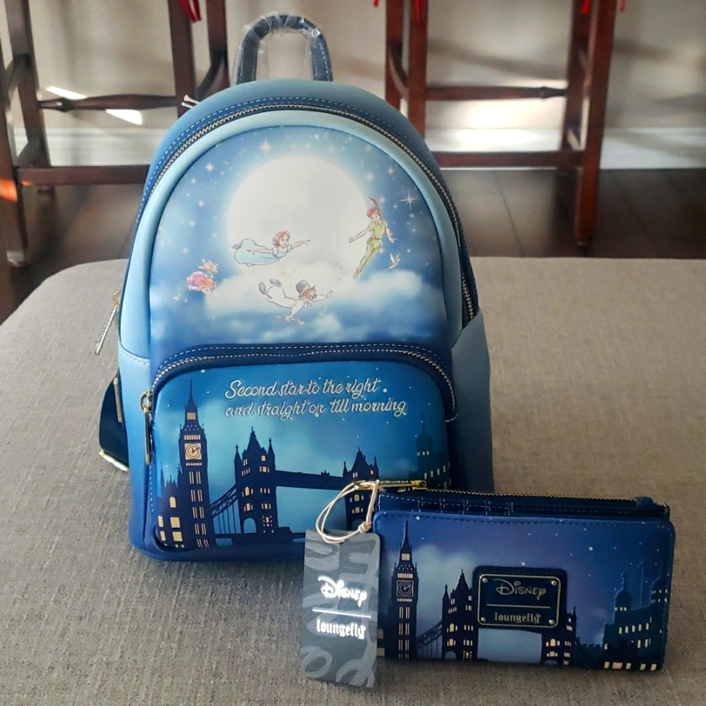 Loungefly Peter Pan Second Star to the right backpack and wallet bundle.